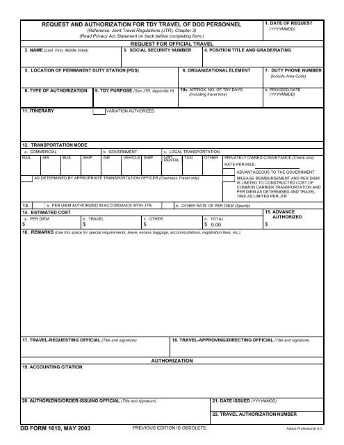 DD FORM 1610 MAY 2003 DD FORM 1610 MAY 2003