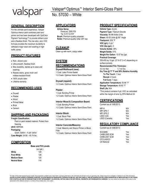Valspar Optimus Interior Semi Gloss Paint No 57030 White