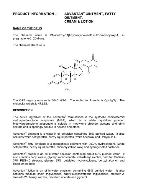 PRODUCT INFORMATION – ADVANTAN OINTMENT FATTY OINTMENT CREAM & LOTION