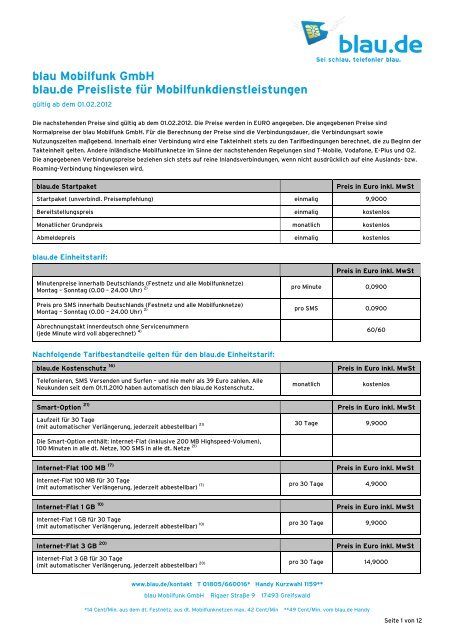 blau Mobilfunk GmbH blau.de Preisliste für Mobilfunkdienstleistungen