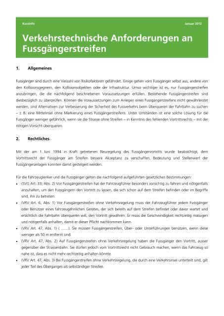 Verkehrstechnische Anforderungen an Fussgängerstreifen - BfU