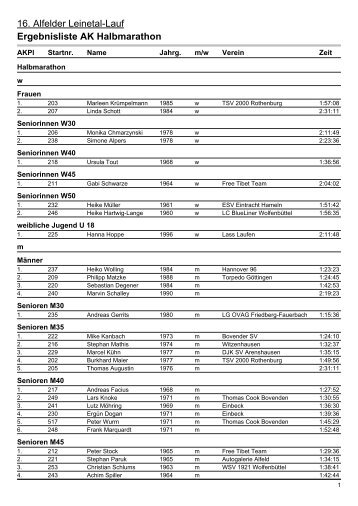 16 Alfelder Leinetal-Lauf Ergebnisliste AK Halbmarathon