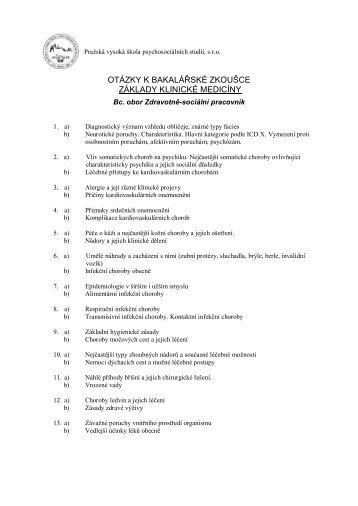 OTÁZKY K BAKALÁŘSKÉ ZKOUŠCE ZÁKLADY KLINICKÉ MEDICÍNY