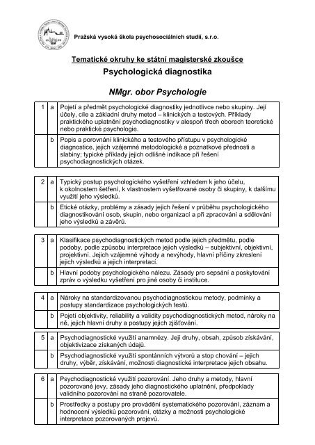 Psychologická diagnostika NMgr obor Psychologie