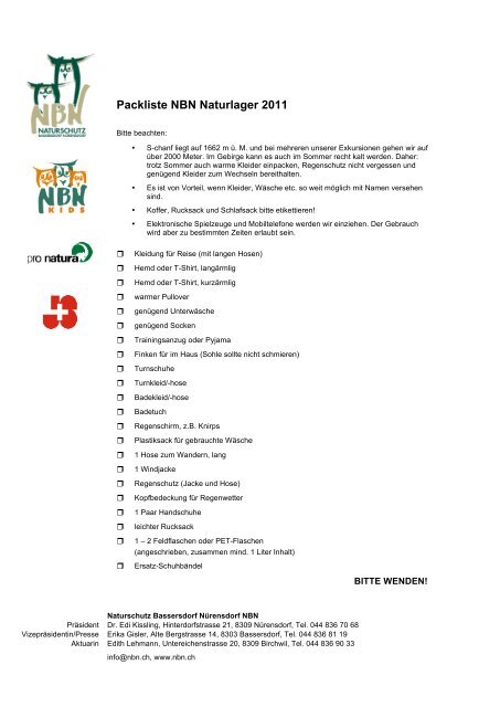 Packliste NBN Naturlager 2011
