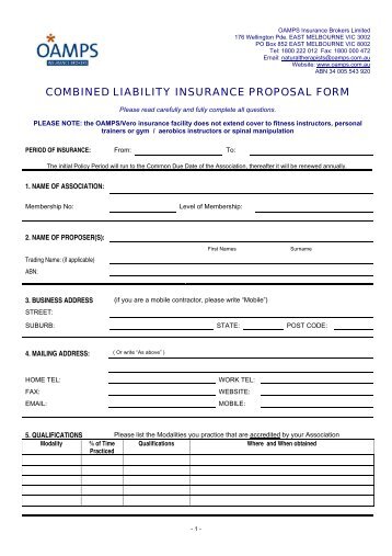 COMBINED LIABILITY INSURANCE PROPOSAL FORM