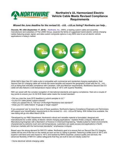 Northwire's UL Harmonized Electric Vehicle Cable Meets Revised ...