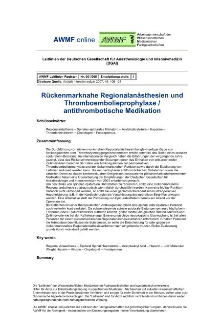 001-005 Rückenmarknahe Regionalanästhesien und - AWMF