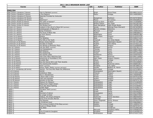 2011-2012 BRANSON BOOK LIST ENGLISH