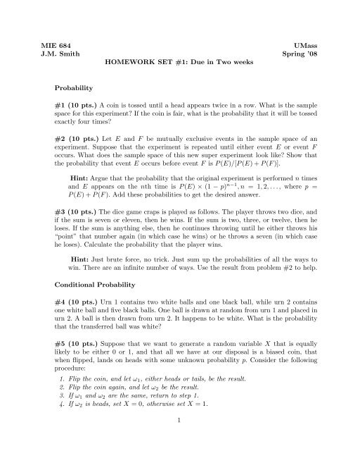Mie 684 Umass J M Smith Spring 08 Homework Set 1 Due In