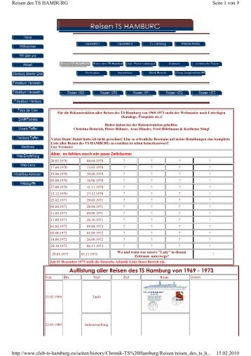 Auflistung aller Reisen des TS Hamburg von 1969 - 1973