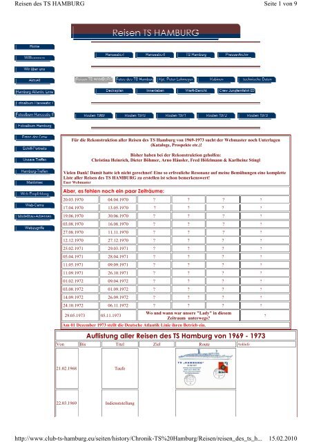 Auflistung aller Reisen des TS Hamburg von 1969 - 1973
