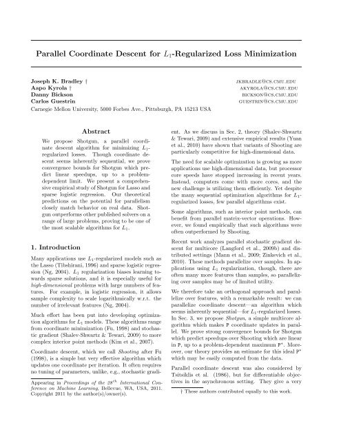Parallel Coordinate Descent for L1-Regularized Loss Minimization
