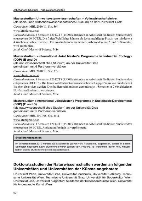 AMS Jobchancen Studium 2010/2011 - Naturwissenschaften