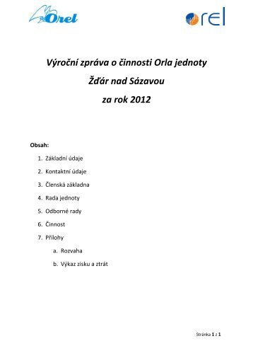 Výroční zpráva o činnosti Orla jednoty Žďár nad Sázavou za rok 2012