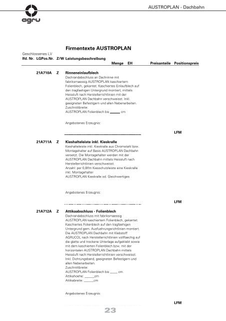 AUSTROPLAN - Dachbahn - AGRU Kunststofftechnik GmbH