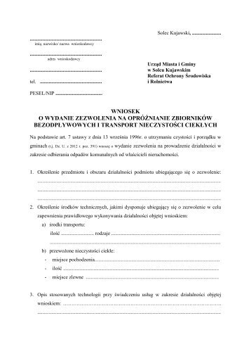 wniosek o wydanie zezwolenia na oprÃ³Å¼nianie zbiornikÃ³w ...