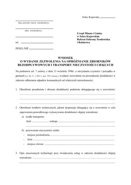 wniosek o wydanie zezwolenia na oprÃ³Å¼nianie zbiornikÃ³w ...