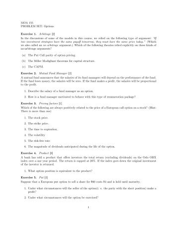 MÃA 155 PROBLEM SET: Options Exercise 1. Arbitrage [2] In the ...