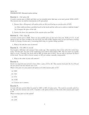 MÃA 155 PROBLEM SET: Binomial option pricing Exercise 1. Call ...