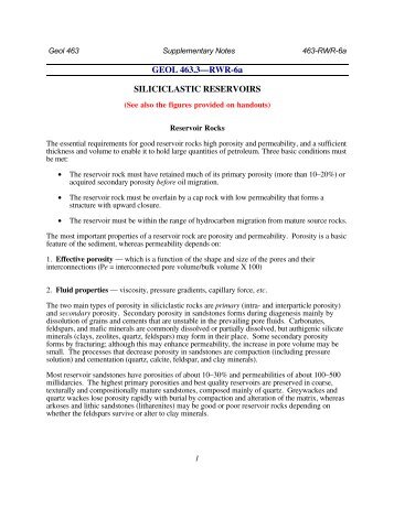 GEOL 463.3—RWR-6a SILICICLASTIC RESERVOIRS