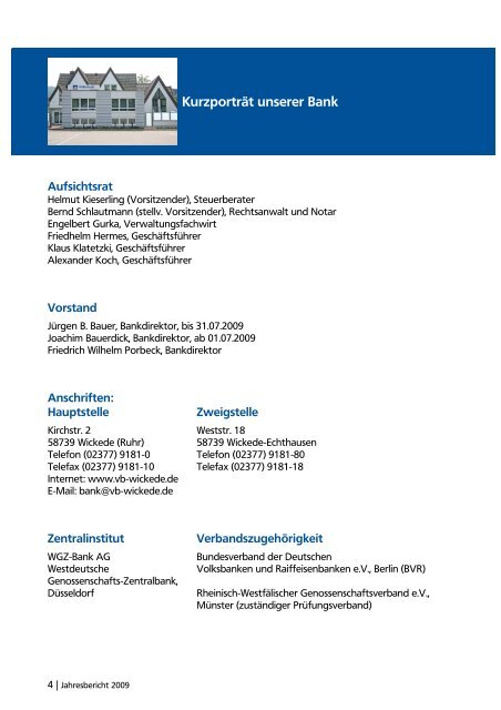 Jahresbericht 2009 - Volksbank Wickede (Ruhr) eG