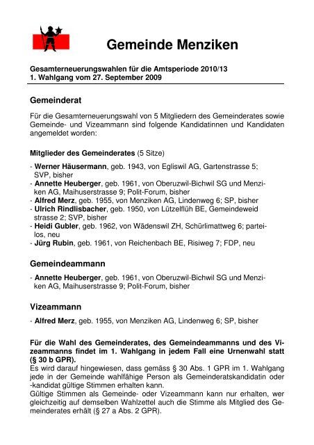 Mitglieder der Steuerkommission - Menziken