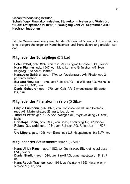 Mitglieder der Steuerkommission - Menziken