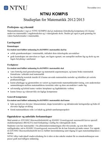 NTNU KOMPiS Studieplan for Matematikk 2012/2013