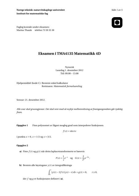 Eksamen i TMA4135 Matematikk 4D