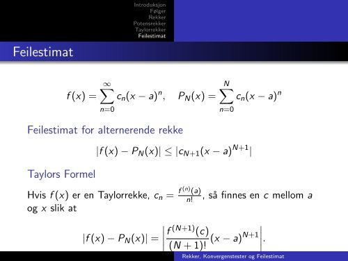 Rekker Konvergenstester og Feilestimat