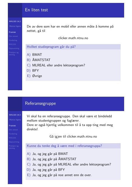 Velkommen til MA1103 Flerdimensjonal analyse Kursinformasjon