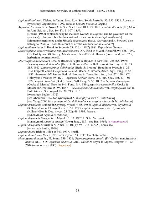 Nomenclatural Overview of Lepiotaceous Fungi (Agaricaceae ...