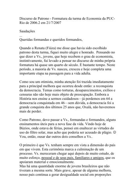 Discurso de Patrono - Formatura da turma de Economia ... - PUC-Rio