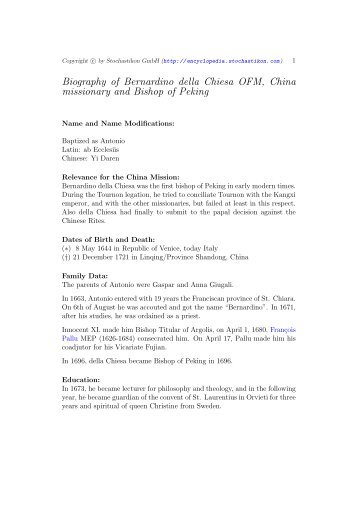 Biography of Bernardino della Chiesa OFM, China missionary and ...