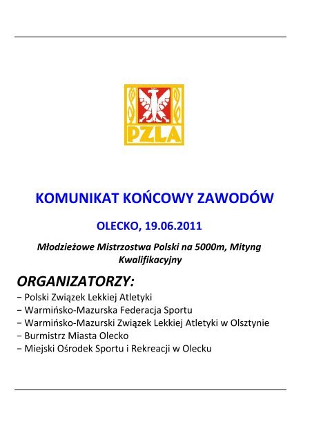 KOMUNIKAT KOŃCOWY ZAWODÓW ORGANIZATORZY