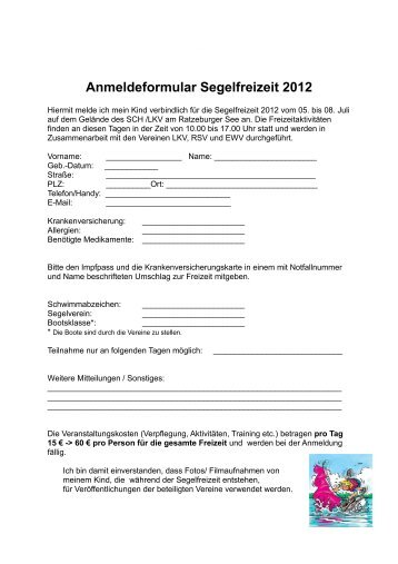 Anmeldeformular Segelfreizeit 2012 - Segler - Club Hansa