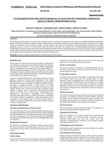 standardization and phytochemical evaluation of tinospora cordifolia