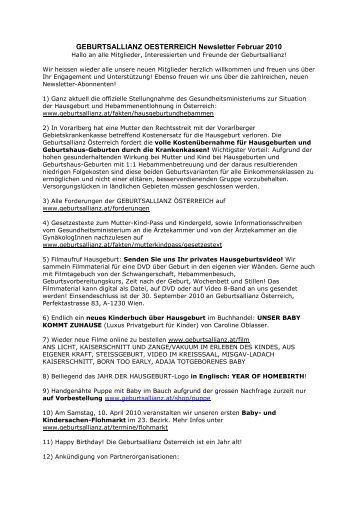 GEBURTSALLIANZ OESTERREICH Newsletter Februar 2010