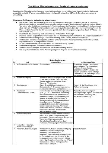 Checkliste: Mietnebenkosten / Betriebskostenabrechnung