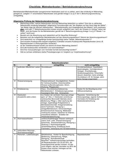 Checkliste Mietnebenkosten Betriebskostenabrechnung