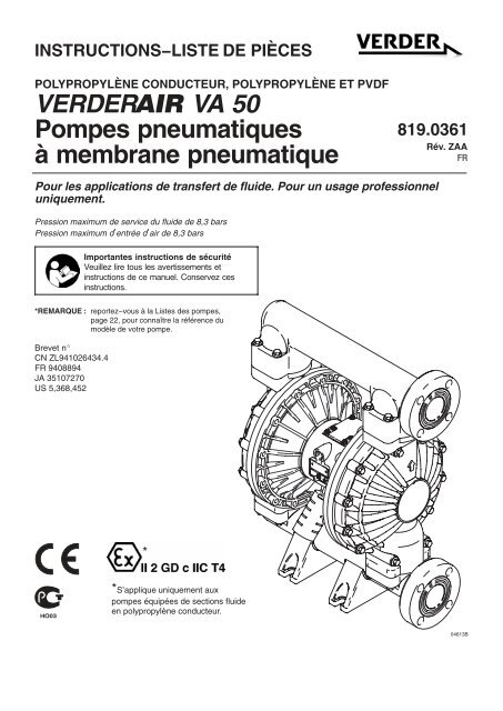 Kit de réparation Verderair - pour pompe à membrane pneumatique VA50 -  Différents types