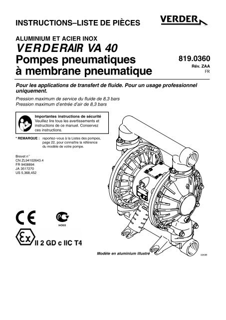 V E R D E R  VA 40 Pompes pneumatiques à membrane pneumatique