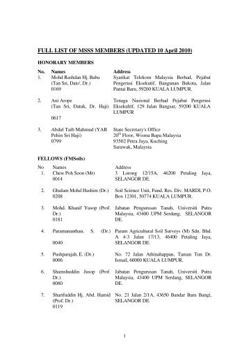 FULL LIST OF MSSS MEMBERS (UPDATED 10 April 2010)