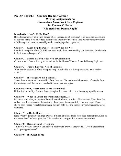 Pre Ap English Ii Summer Readingwriting Writing - 