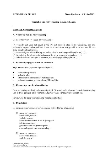Formulier van wilsverklaring inzake euthanasie