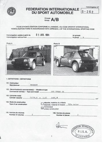 205 T16 Homologation Papers - 106Maxi.co.uk