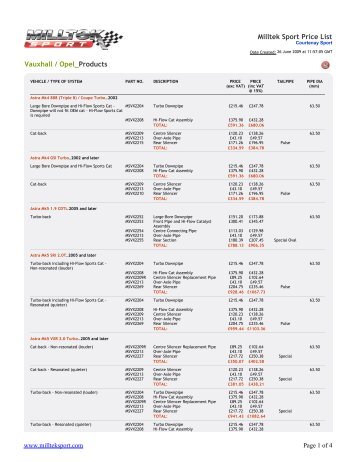 Milltek Sport Price List Vauxhall / Opel_Products