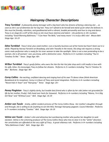 Hairspray Character Descriptions - Lyric Theatre Company