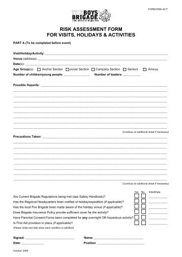 RISK ASSESSMENT FORM FOR VISITS HOLIDAYS & ACTIVITIES